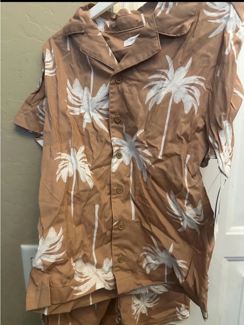 Grayson Threads Brown Button-Down Shirt with White Palm Print and shorts set